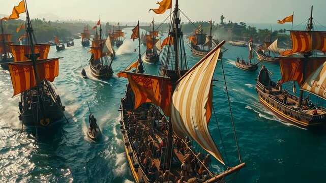 Ancient Indian Naval Forces in the Bay of Bengal "A battle between ancient Indian kingdoms on the Bay of Bengal, showcasing beautifully decorated wooden ships with large sails.