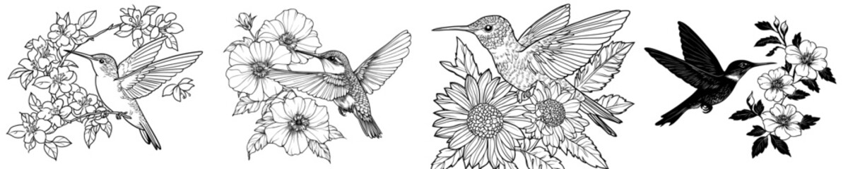 Obraz premium In mid-flight, a black hummingbird is shown in the garden.