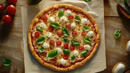 Deliciously Crafted Pizza with Fresh Ingredients Featuring Cherry Tomatoes, Mozzarella, and Basil on a Rustic Wooden Background Perfect for Food Lovers