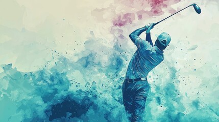 Naklejka premium A golfer swings a club amidst a colorful splash of paint, capturing the dynamic energy of the sport in an artistic style.