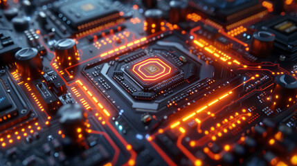 Close-Up Of Futuristic Circuit Board With Glowing LED Lights