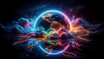 Colorful Landscape with Neon Lights, Earth Background,  Bright and Tranquil Nature, for Home Decor, YouTube Thumbnail, Design, Music Cover Art, 4K Wallpaper