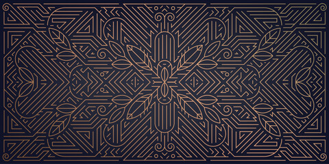 Vector art deco leaves pattern, luxury fancy ornament, prestige floral gatsby background. Gold on black nouveau illustration © marylia17