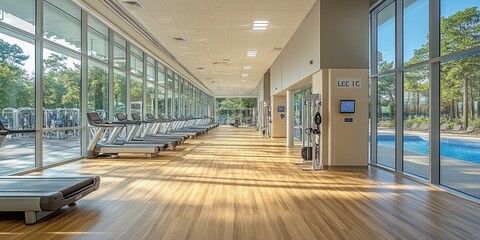 Modern gym with treadmills and a view of a swimming pool.