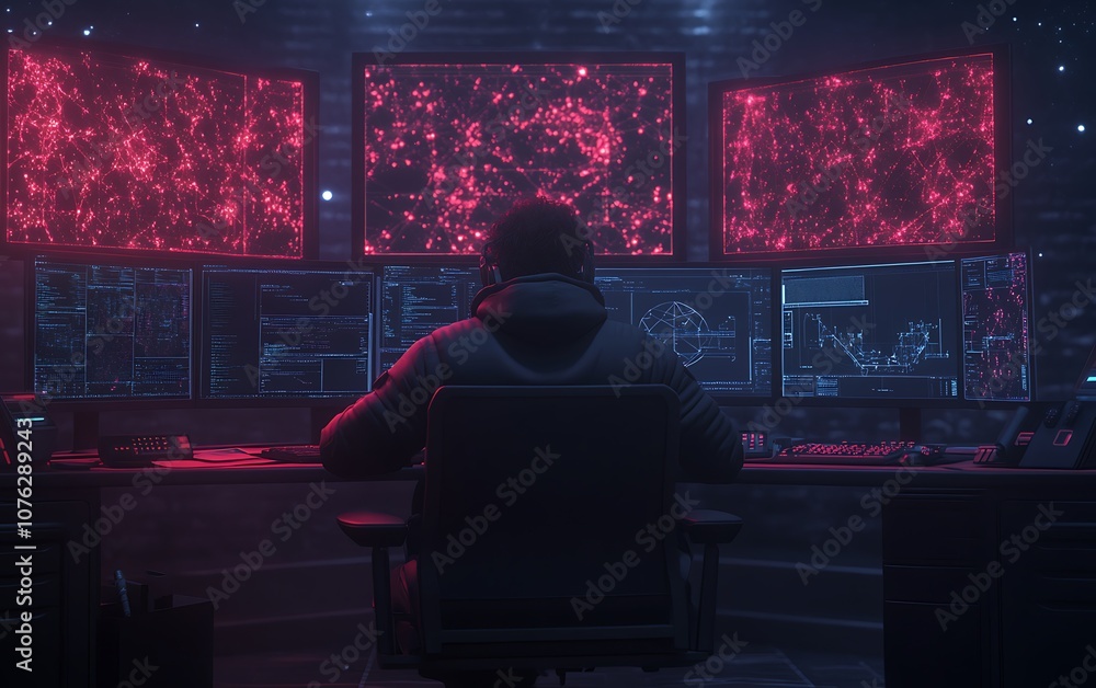 Poster a shadowy figure sits before multiple glowing screens, immersed in data, shrouded in a futuristic an