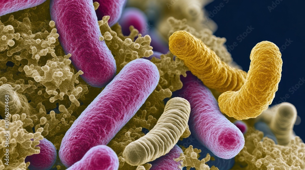 Poster microscopic view of bacteria displaying various colors and shapes.