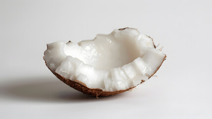 High quality close-up coconut slice with white creamy flesh and rough brown exterior on white background