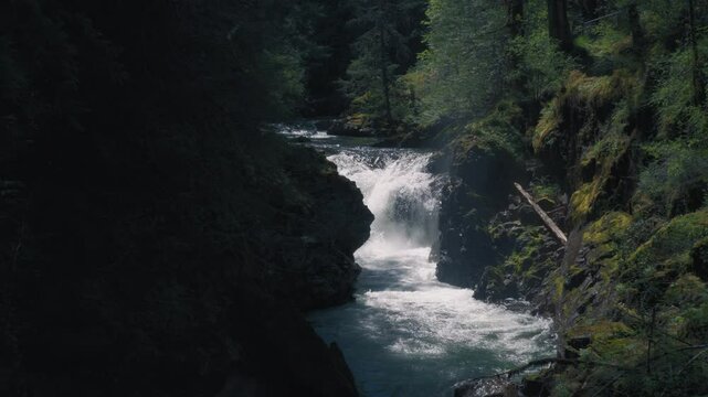 Waterfall flowing down the river stream in a dense forest. Slow motion. 