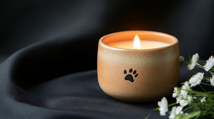 flame burning for pet memorrail sits on black fabric with white flower, copy space for text