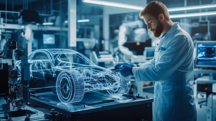 An automotive engineer working in a research and development lab, focusing on innovation in vehicle design