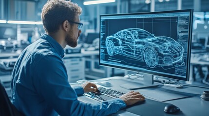An automotive engineer working on the design and development of a new car, using computer-aided design (CAD) software