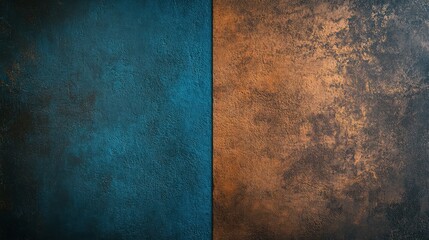 Rough cement wall with a horizontal split between slate blue and earthy brown, highlighted subtly against a deep dark background, creating a calm contrast,