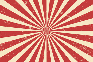 Circus background and spiral retro rays vector pattern. Vintage poster of red white sun or star burst radial lines with grunge texture, circus, carnival, summer fair