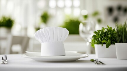 Fototapeta premium Chef Hat and Fresh Herbs on Table in Elegant Restaurant Setting