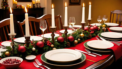 A festive dinner table with candles, elegant dinnerware, and a delicious spread of holiday foods, ready for a Christmas feast.
