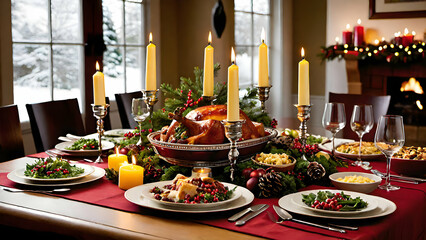 A festive dinner table with candles, elegant dinnerware, and a delicious spread of holiday foods, ready for a Christmas feast.