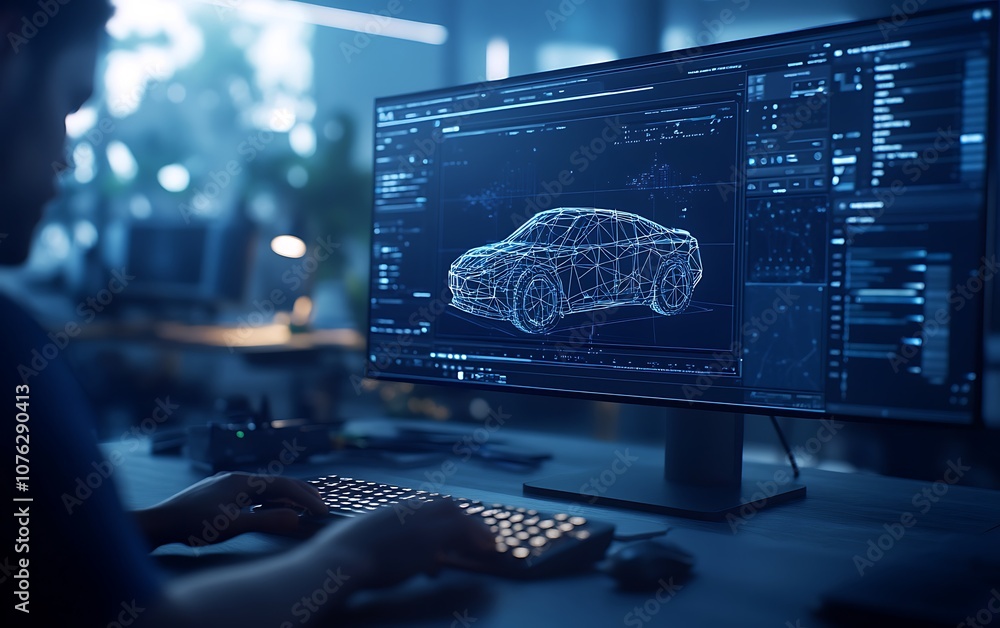 Poster A person working on a computer with a screen displaying a 3D model of a car, surrounded by a modern, high-tech workspace.