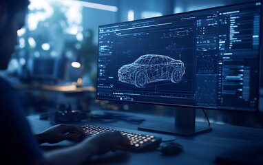 A person working on a computer with a screen displaying a 3D model of a car, surrounded by a modern, high-tech workspace.