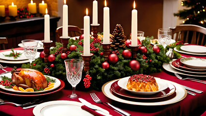 A festive dinner table with candles, elegant dinnerware, and a delicious spread of holiday foods, ready for a Christmas feast.