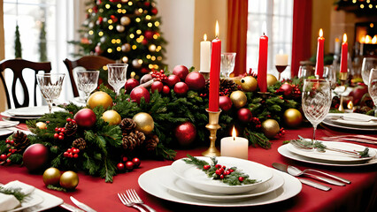 A festive dinner table with candles, elegant dinnerware, and a delicious spread of holiday foods, ready for a Christmas feast.