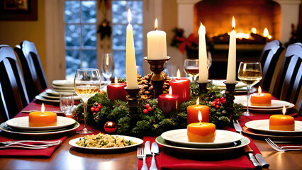 A festive dinner table with candles, elegant dinnerware, and a delicious spread of holiday foods, ready for a Christmas feast.