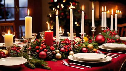 A festive dinner table with candles, elegant dinnerware, and a delicious spread of holiday foods, ready for a Christmas feast.