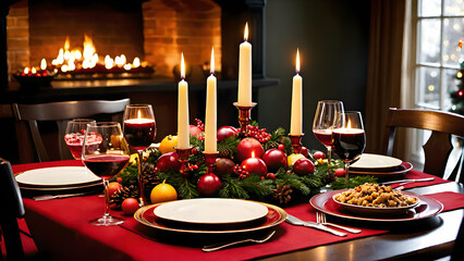 A festive dinner table with candles, elegant dinnerware, and a delicious spread of holiday foods, ready for a Christmas feast.