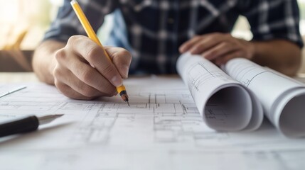An engineer using blueprints and technical drawings to plan the construction of a large-scale infrastructure project