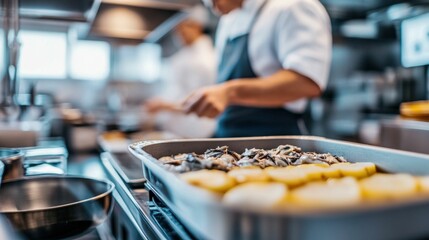 Chef Preparing Dish in Professional Kitchen with Focus on Ingredients