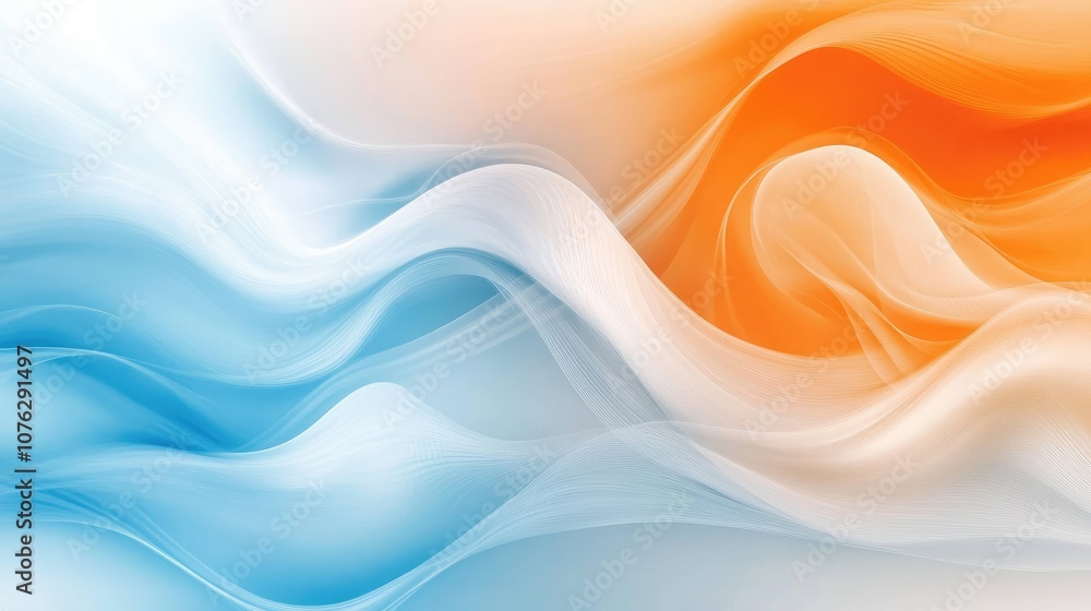 Poster abstract fluid waves of orange and blue flowing together in a sublime composition, creating a serene