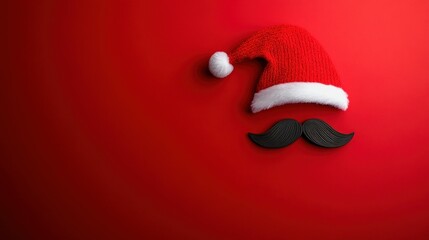 Santa Hat and Mustache on Red Background