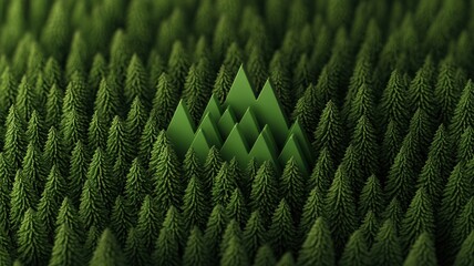 A serene forest scene featuring a dense arrangement of green trees with stylized, triangular peaks interspersed throughout.