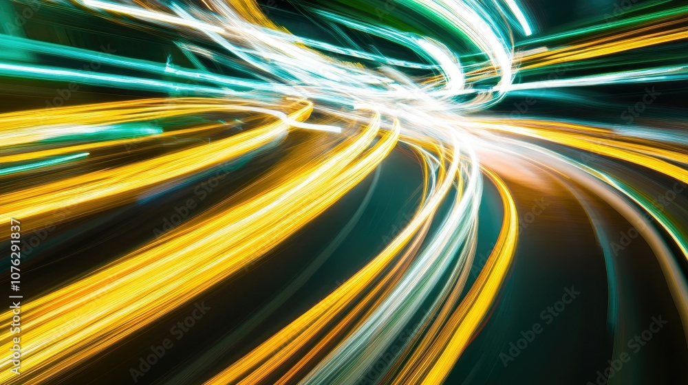Poster dynamic light trails in urban landscape creating a lively atmosphere of transportation and motion us