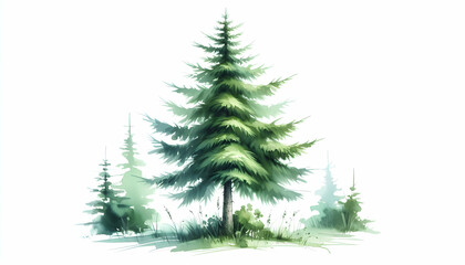 Obraz premium Watercolor illustration of a tall pine tree with soft green needles isolated on white delicate brus2