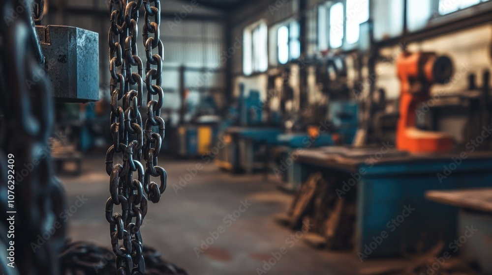 Poster industrial workshop with machinery and tools showcasing chain links in foreground and a busy backgro