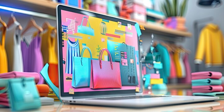 3D Laptop Displaying Fashion Email with Surrounding Data Charts and Visuals