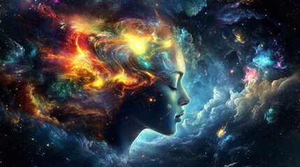 portrait of a woman with eyes universe illustration
