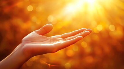 A single hand reaches up towards the sun, bathed in warm light.