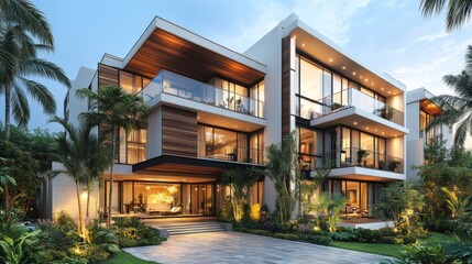 Obraz premium Modern luxury home with a spacious driveway, lush landscaping, and large windows.
