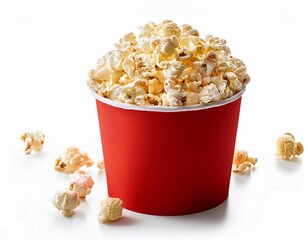 Red paper bucket full of popcorn isolated on white background.