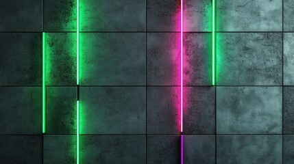 Matte gray cement wall highlighted with neon accents in green and magenta, emphasizing the texture of the wall with a bold contrast against a dark space,