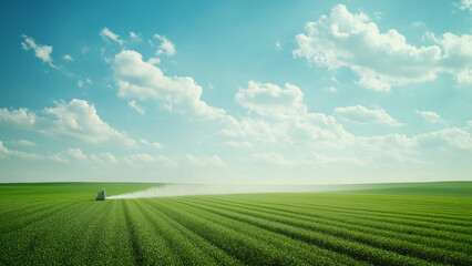 High-Tech Farming: Drone Spraying Over Vast Green Fields