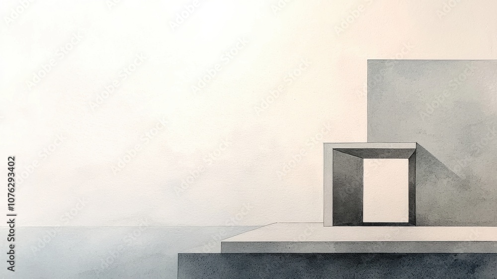 Poster abstract concept sketch of a minimalist building facade in pencil and ink with a soft color palette,