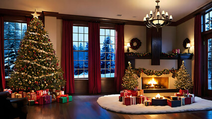 A beautifully decorated Christmas tree with glowing ornaments, presents underneath, and a cozy ambiance.