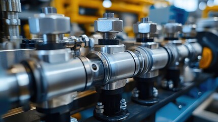 Naklejka premium Close-Up of Precision Industrial Pipeline Components Featuring Metallic Valves, Nuts, and Connectors in a Modern Engineering Facility Environment