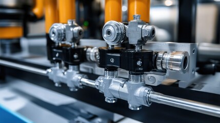 Close-Up View of Industrial Valves and Pipes in a Modern Machinery System, Featuring Detailed Connections and Components in a High-Tech Environment