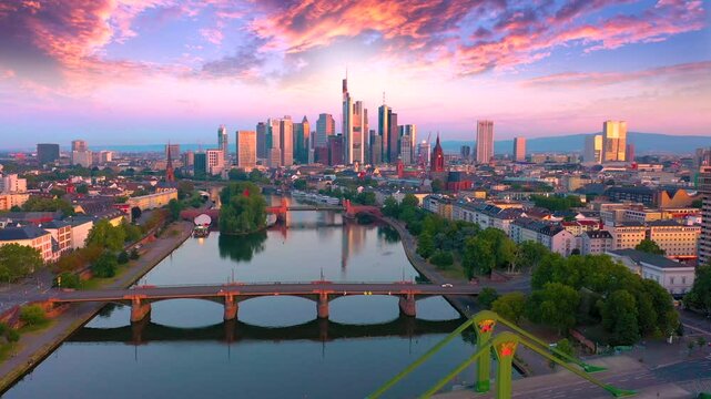 Aerial view of Frankfurt am Main, Germany. Skyline. New Skyscrapers at Sunrise in 4K.