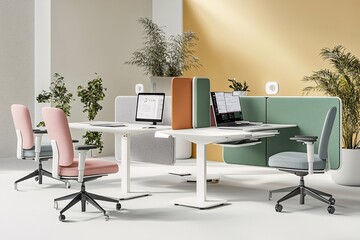 Modern Office Interior Design: White Desks, Ergonomic Chairs, and Stylish Partitions