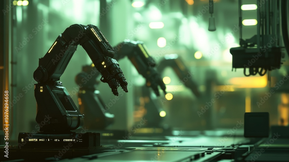 Poster advanced industrial robotics: automated robotic arms in a futuristic manufacturing environment with 
