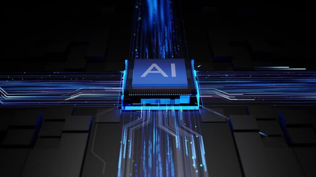 A video of an AI processing chip integrated into a high-tech circuit board. The chip glows with blue neon lines that indicate data transfer, surrounded by a modern, black, technological environment. - Powered by Adobe